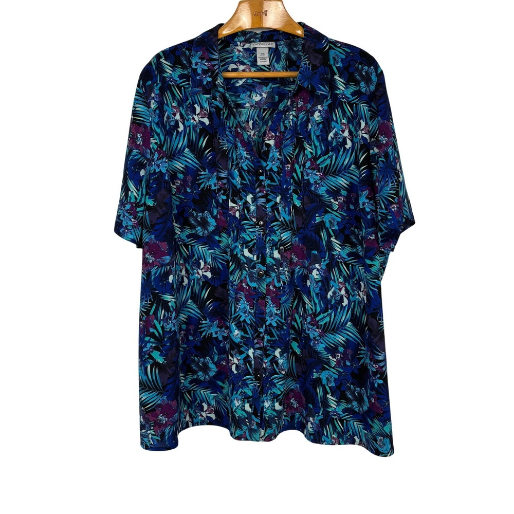 Catherines 3X Tropical Floral Button Front Blouse Blue Purple Camp Shirt Plus